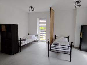 two beds in a white room with a mirror at Apartamenty DK8 in Szalejów Górny
