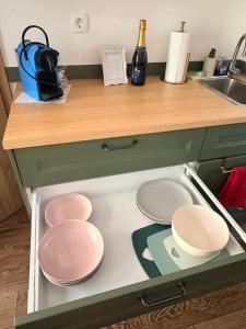 a kitchen counter with four pink plates and a sink at Apartma Arja in Spodnje Gorje +23 photos