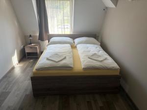 two twin beds in a room with a window at Lenti Central Apartman in Lenti