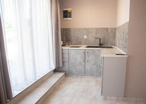 a kitchen with a sink and a counter at Maya Panzio-Rezidencia in Szeged +79 photos