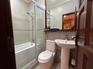 a bathroom with a toilet and a sink and a shower at Palmscape Boutique Hotel in Hulhumale +23 photos