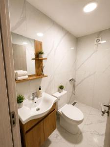 a bathroom with a toilet and a sink and a mirror at Apartments Marko in Ohrid