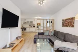 a living room with a couch and a flat screen tv at Premium Ferienwohnung Dörr in Singen