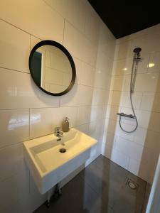 a bathroom with a sink and a mirror at B&B Landgoed de Bossenhoeve in Schayk