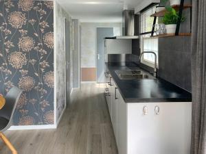 a kitchen with a black counter top and wooden floors at Chalet Natuurrijk in Oisterwijk