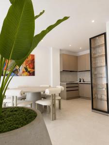 a kitchen and dining room with a table and a plant at Villa Azur in Draç +13 photos