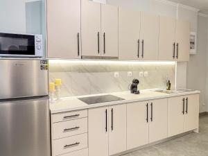 a kitchen with white cabinets and a stainless steel refrigerator at DNS Elements Apartments 2 in Nea Karvali