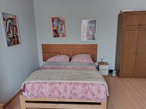 a bedroom with a bed with a pink bedspread at U Magdy apartament dla 4 osób 2 par parking w cenie samodzielne zameldowanie klucze w skrytce kod wysyłany przed przyjazdem in Borne Sulinowo