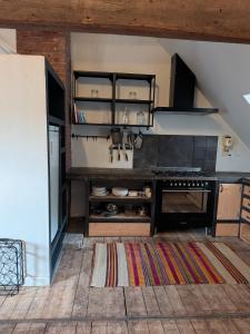 a kitchen with a stove top oven in a room at BoerLangendijk in Rucphen +4 photos