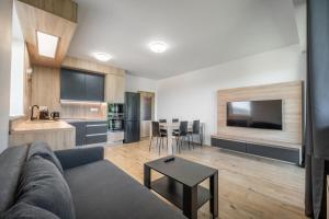 a living room with a couch and a table at Visit sauna Klinovec in Loučná pod Klínovcem