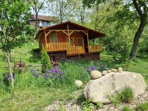 a log cabin in a field with a rock at La căsuța din poveste in Pătîrlagele