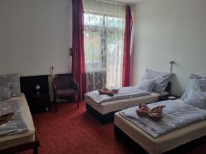 a hotel room with two beds and a window at Laci Szálláshely in Debrecen