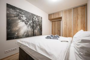 a bedroom with a bed with a painting on the wall at Visit sauna Klinovec in Loučná pod Klínovcem +48 photos