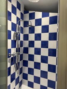 a bathroom with a blue and white checkered shower at Maison loft au cachet ancien in Villasavary +17 photos