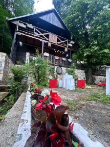 a group of flowers in front of a building at Vikendica Lenka in Sijarinska Banja