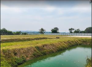 a river in a field with a bridge in the background at Villa Cedes in Lasam