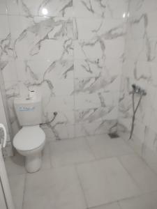 a bathroom with a toilet and a marble wall at Dinos Apartments in Ulcinj +8 photos