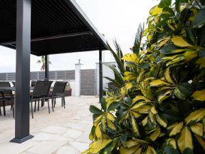 a patio with a table and chairs and a plant at Villa Victor in Riumar