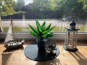 a table with a potted plant and two toy ships at Apartment Windau in Ventspils