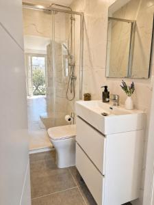 a bathroom with a sink and a toilet and a shower at Casa da Villa in Monção +61 photos