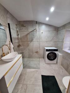 a bathroom with a sink and a washing machine at Noclegi Leśne Bagno in Zwierzyniec +20 photos