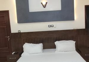 a bed with two pillows and a picture above it at Appartement Une Chambre Salon Ouando - SKYFORCE in Porto-Novo