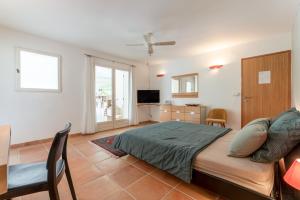 a bedroom with a bed and a table and a television at Chambre D'hôtes - Les Hirondelles in Mirabel-aux-Baronnies