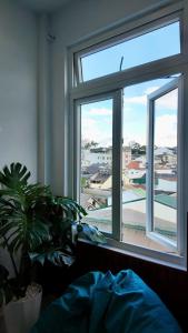 a window in a room with a potted plant in front of it at Tổ Ấm 25 in Da Thanh
