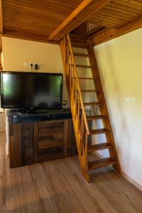 a living room with a television and a staircase at Apartma Dobnik in Mozirje