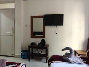 a room with a television and a stuffed snake on a bed at Om Bramha Hotel in Kathmandu