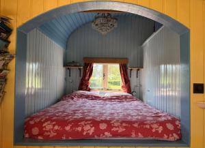 ein Bett in einem blauen Zimmer mit Fenster in der Unterkunft B&B Maarle in Poppel