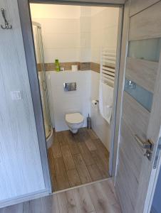 a small bathroom with a toilet and a shower at Biovilla in Stobnicko