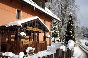 a house covered in snow next to a christmas tree at Dom w Dolinie in Trzcińsko