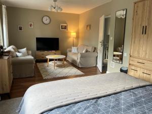 a bedroom with a bed and a living room at Przy Jeziorze in Złotów
