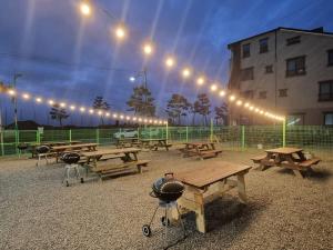 a group of picnic tables in a park with lights at Boryeong Daecheon High Pension in Boryeong +1 photo