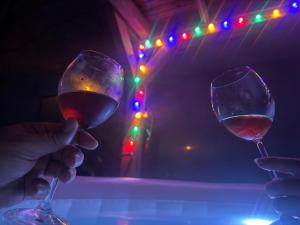 two people holding up wine glasses with christmas lights at Sparkling Time Apartman in Hajdúszoboszló
