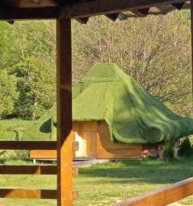 a small hut with a green roof on the grass at Maria - Brebu Nou in Brebu Nou