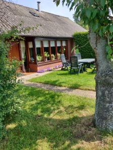 a house with a table and chairs in the yard at Molenzicht in Elspeet