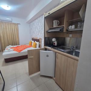 a small kitchen with a sink and a bed at Villa Helga Exotic in Pefkochori