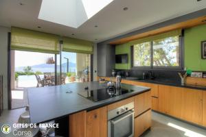 a kitchen with green walls and a counter top at La lunera in Porticcio