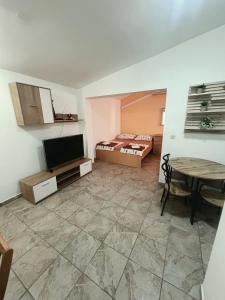 a living room with a television and a table at Hostel Obrovac in Obrovac