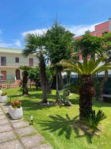 a park with palm trees and a building at SoleMare Rooms "Smeraldo" in Procida