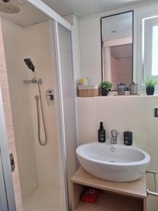 a bathroom with a sink and a shower at Spacious Mobile Home "House Lena" for 7 in Eurocamp Rača - Sea View & Private terrace in Sveti Juraj +30 photos