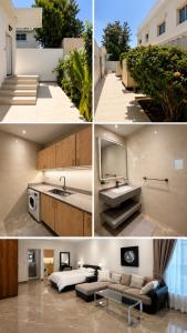 a collage of pictures of a kitchen and a living room at La Plage Bungalow in Dubai