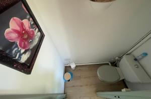 a bathroom with a toilet and a flower on the wall at Appartement causy in Gonfreville-lʼOrcher +3 photos