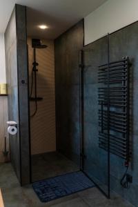 a shower stall in a bathroom with a toilet paper dispenser at Chata Vali in Loučovice +15 photos