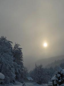 a snow covered field with the sun in the sky at Lekic B&B in Kovačica