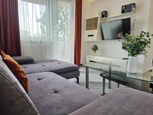a living room with two couches and a tv at Apartament SPACE & SUN z wewnętrzym ogrodzonym parkingiem in Toruń