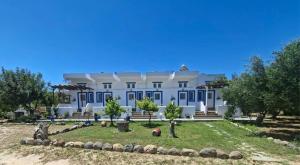 a large white building with a yard in front of it at Nefeli Apartments in Kefalos
