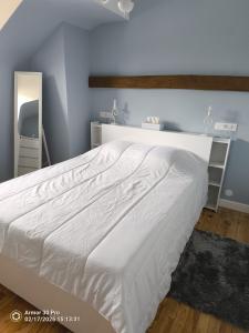 a white bed in a bedroom with a blue wall at Les petits logis de l'Écluse in Noyers-sur-Cher